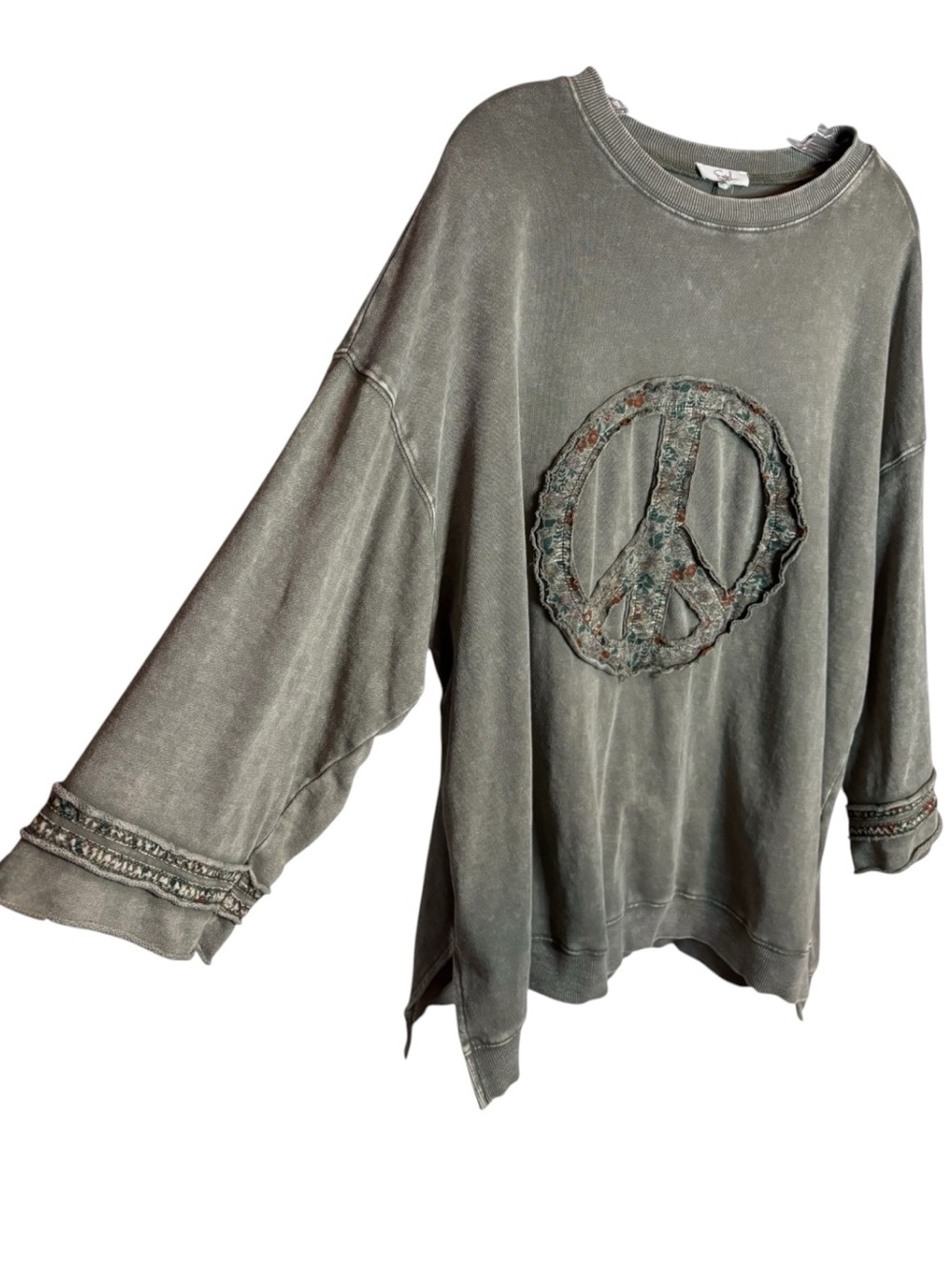 Easel Mineral Washed Terry Sweatshirt w/Floral Peace Sign Sz M Like New - Picture 5 of 8